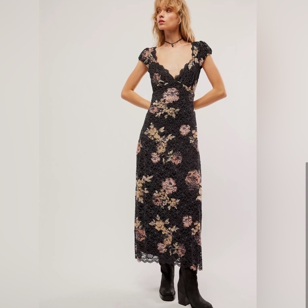 Free People Black Floral Lace Maxi Dress with Pink & Cream Embroidery